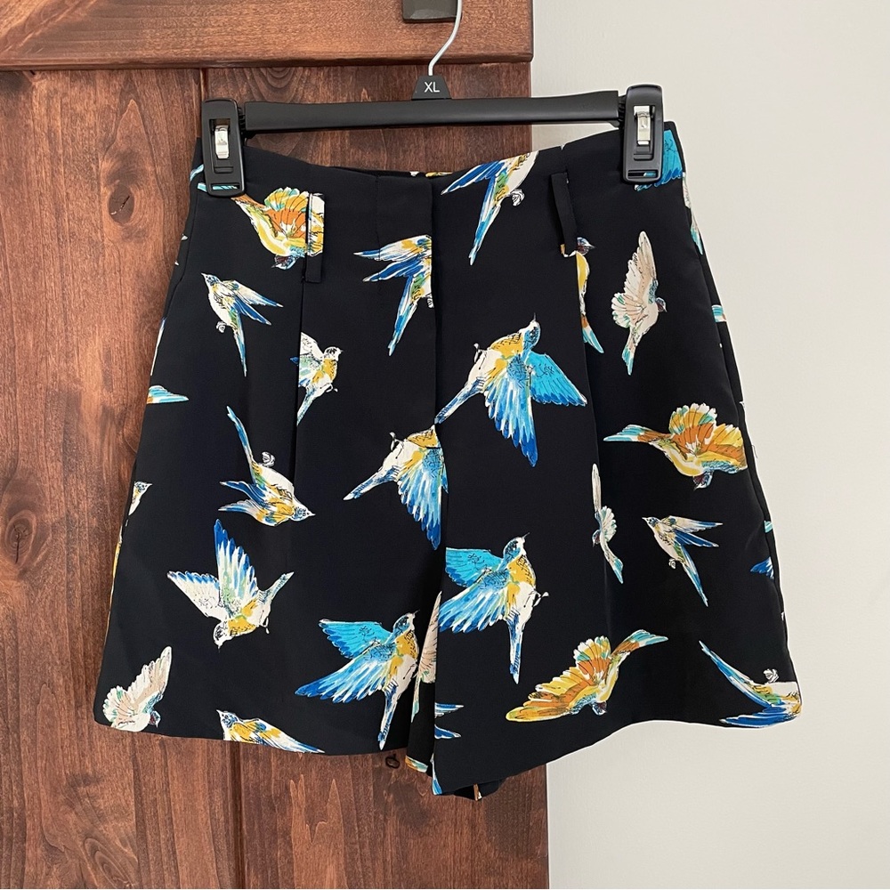 Zara Black Shorts with Blue & Yellow Bird Print